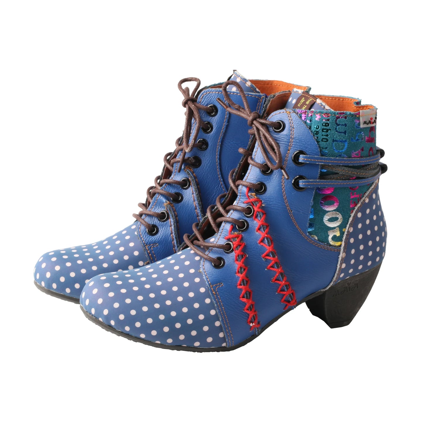 TMA EYES Women's Retro Polka Dot Mid Heel Boots Spring Autumn Winter Fashion Patchwork Chunky Heel Side Zipper Ankle Boots