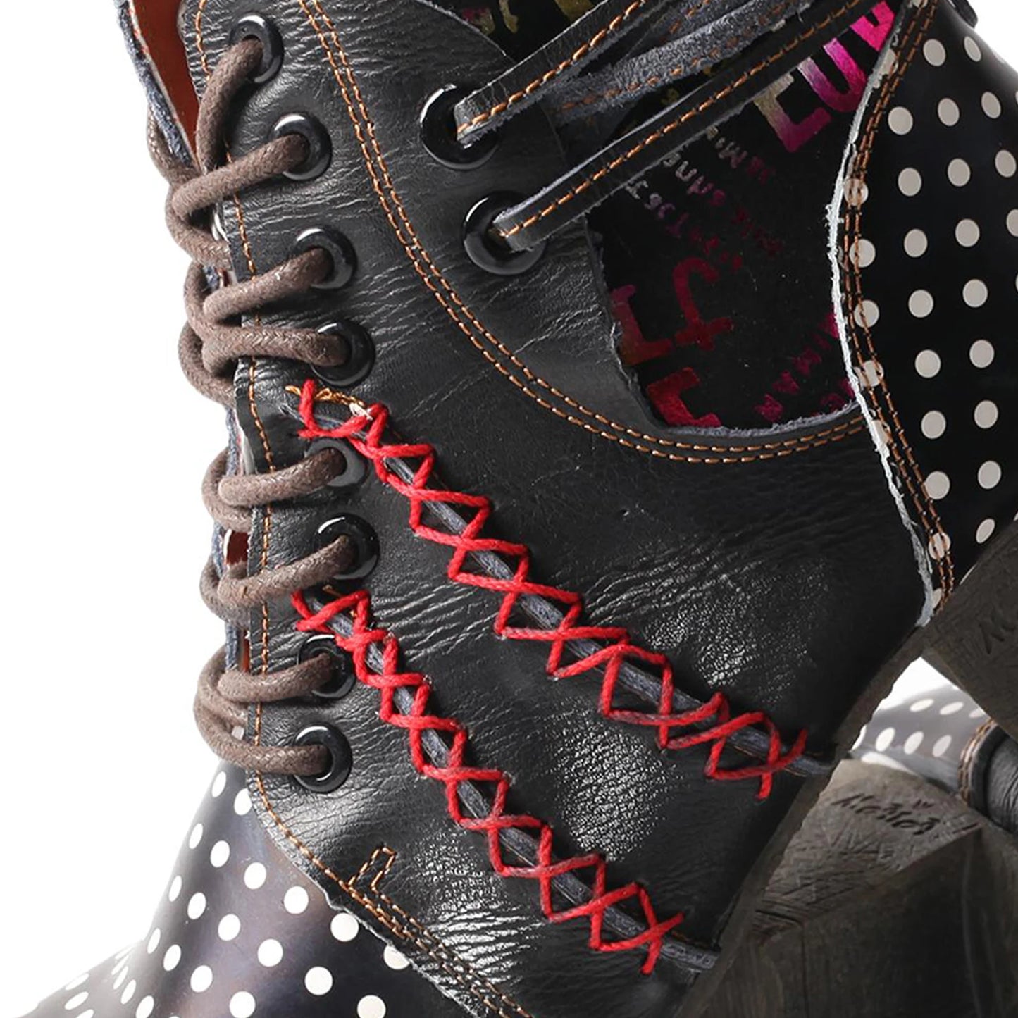 TMA EYES Women's Retro Polka Dot Mid Heel Boots Spring Autumn Winter Fashion Patchwork Chunky Heel Side Zipper Ankle Boots