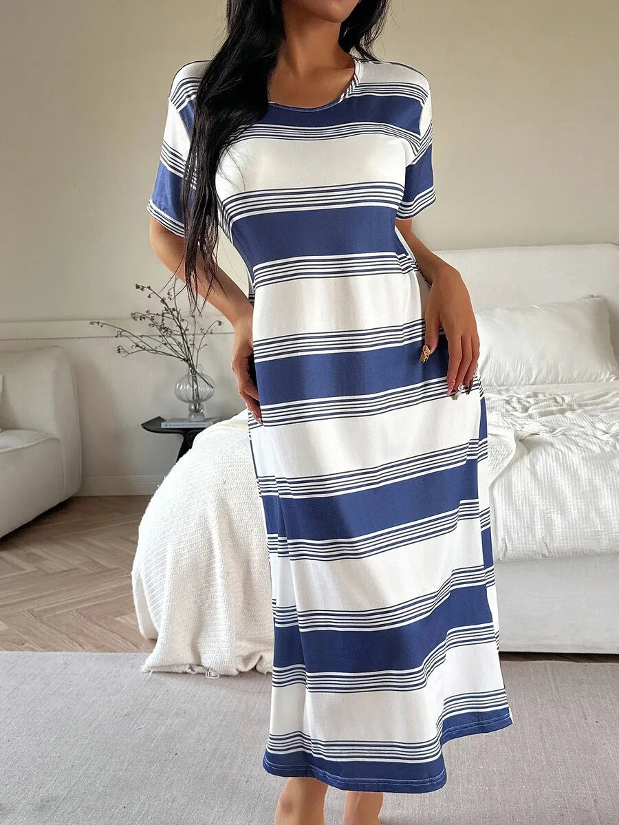 Womens Casual Blue And White Striped Loose Midi Dress Nightgown Lounge Dress