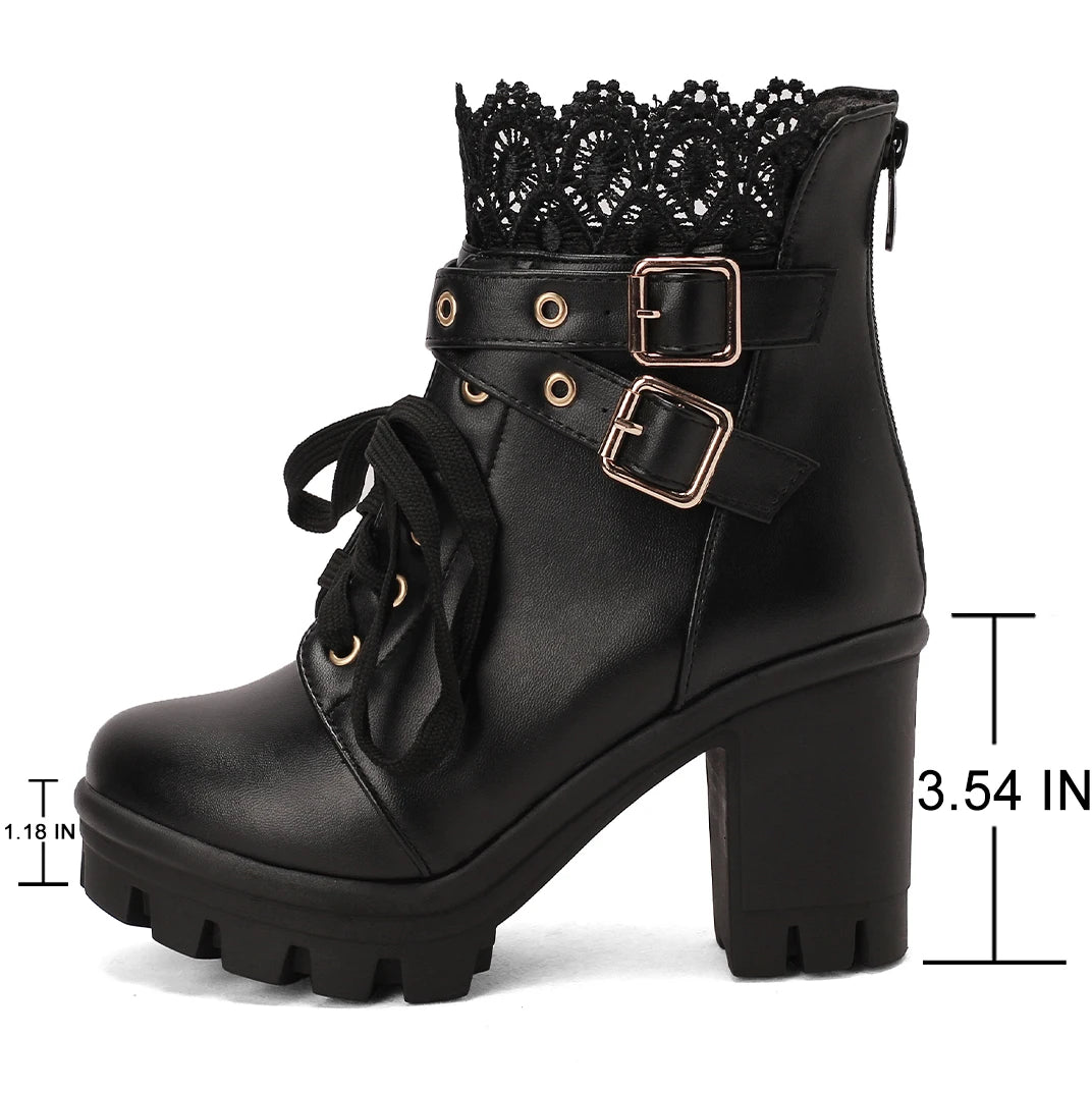 Goth Boots Women Platform Chunky Heel Buckle Lace Up Combat Booties