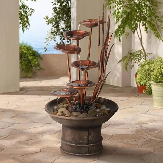 Ashton Water, Lilies and Cat Tails 33 High Large Asian Indoor Outdoor Decor Resin Floor Fountain Standing Waterfall Tiered Water