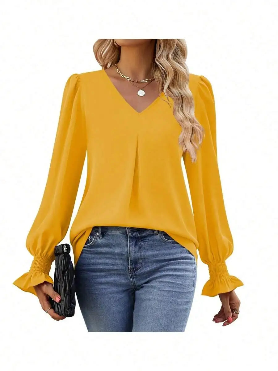 Womens Long Sleeve V Neck Loose Chiffon Blouse Casual Elegant Tunic Top