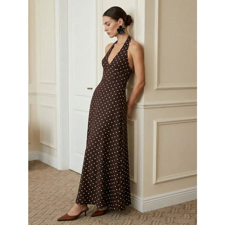 【New style】Women Long Dress Halter Neck Sleeveless Open Back Fashion Dot Print Summer Flowy Dresses