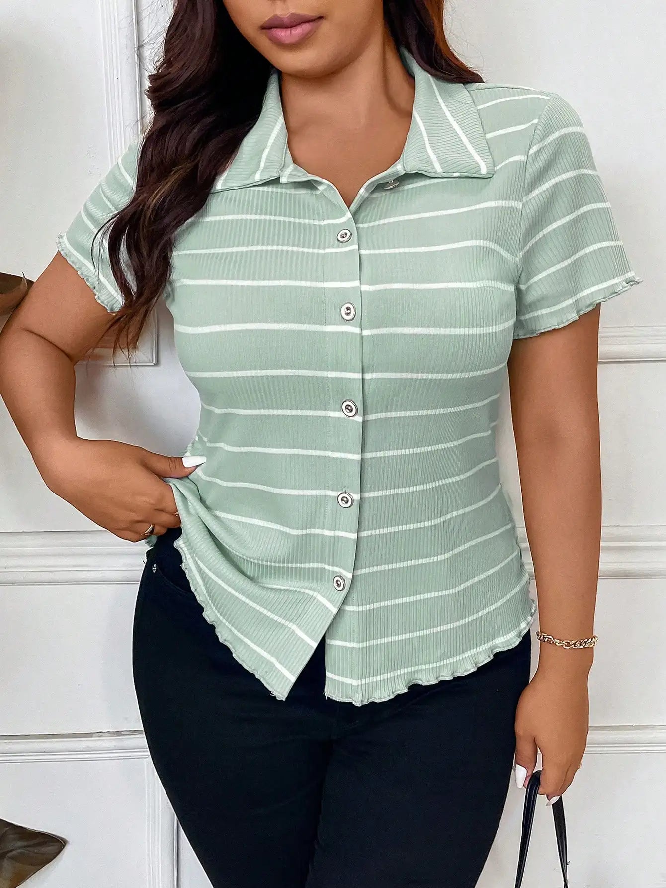 Striped Button Front Polo Shirt Short Sleeve Casual Office Elegant Women's Top