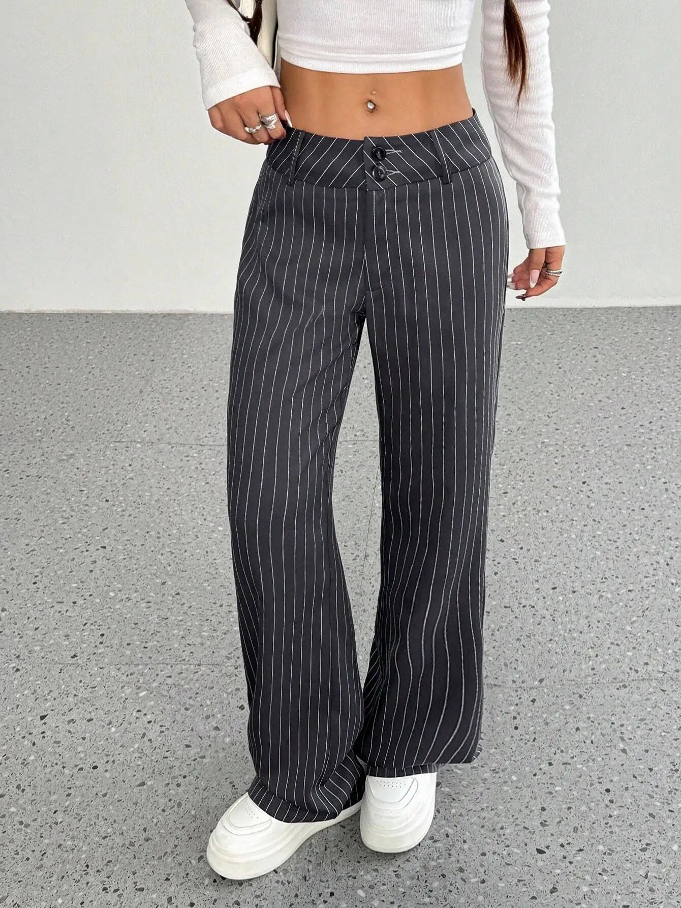 Women's Casual Striped Flare Pants High Waist Wide Leg Trousers