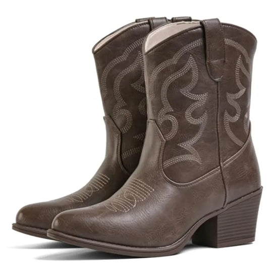 IXU Cowboy Boots for Women Wide Suede Ankle Western Cowgirl Boots Mid Calf Pointed Toe Short Chunky Classic Booties