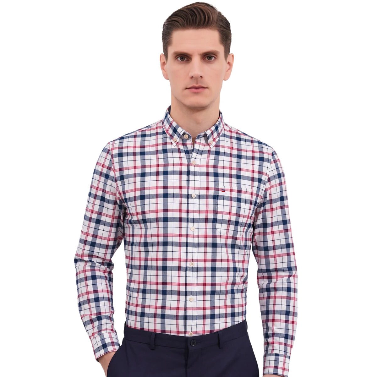 Men's Plaid Striped Button Down Shirts Spring Fall Cotton Long Sleeve Oxford Dress Shirts with Pocket