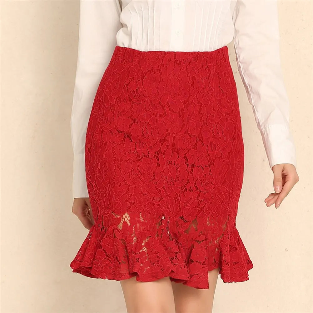 Office Lace Skirt Women Sexy High Waist Pencil Skirt One Step Formal Ruffle