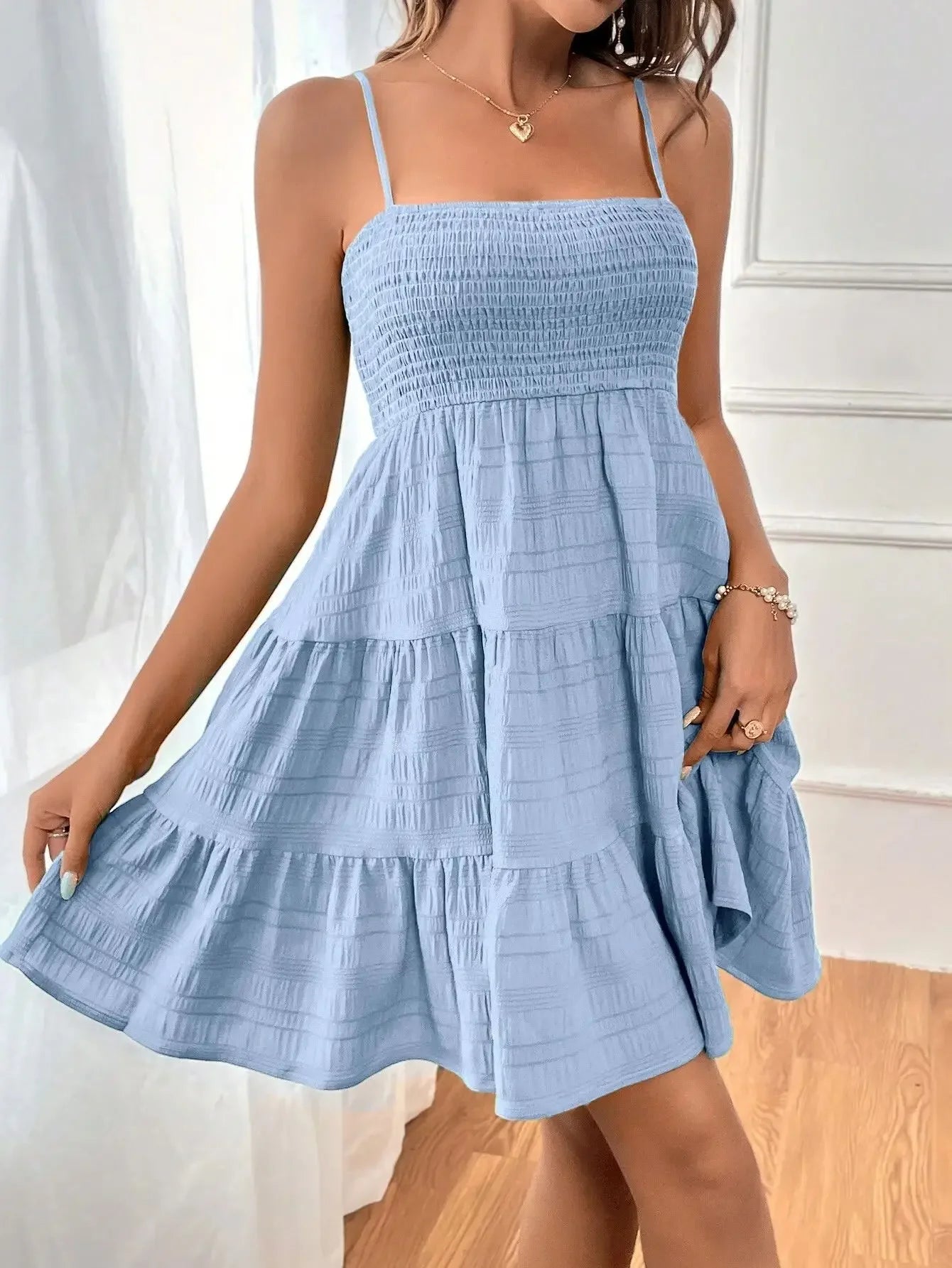 Women's Fashion Cami Ruched Strapless Mini Dress, Blue Ruffled Layered Hem, Summer Casual Off-Shoulder Thin Straps, Solid Color Versatile Textured Vacation Beach Dress