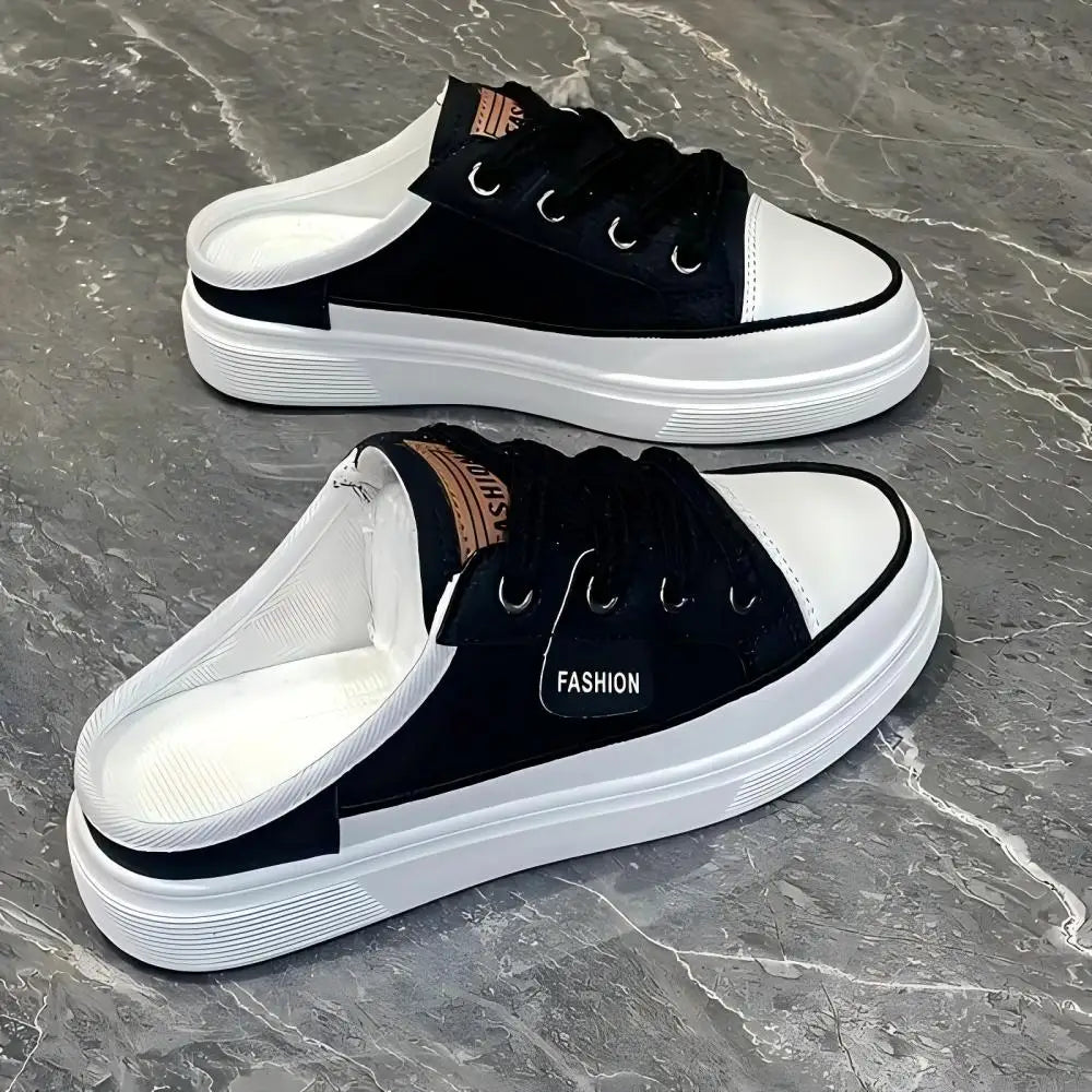 Platform Slip-On Backless Canvas Sneakers, Women's Casual Mule Shoes, Closed Toe Lace-Up Walking Footwear