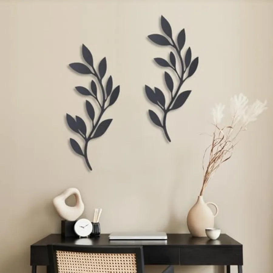 2 Pieces Metal Vine Olive Branch Leaf Wall Decor, Tree Leaf Wall Decor for Living Room Black