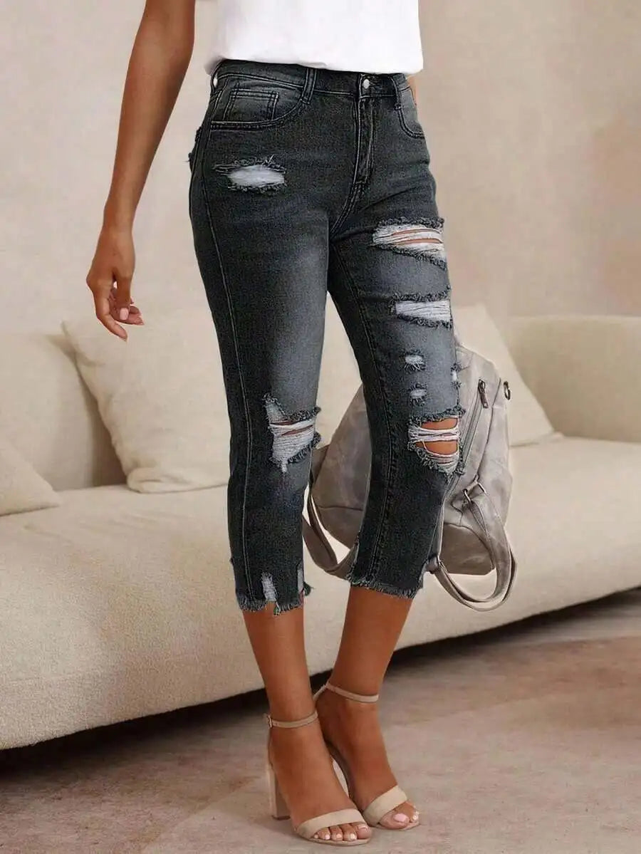 Slim Fit Ripped Womens Denim Capri Pants Casual Mid Calf Jeans