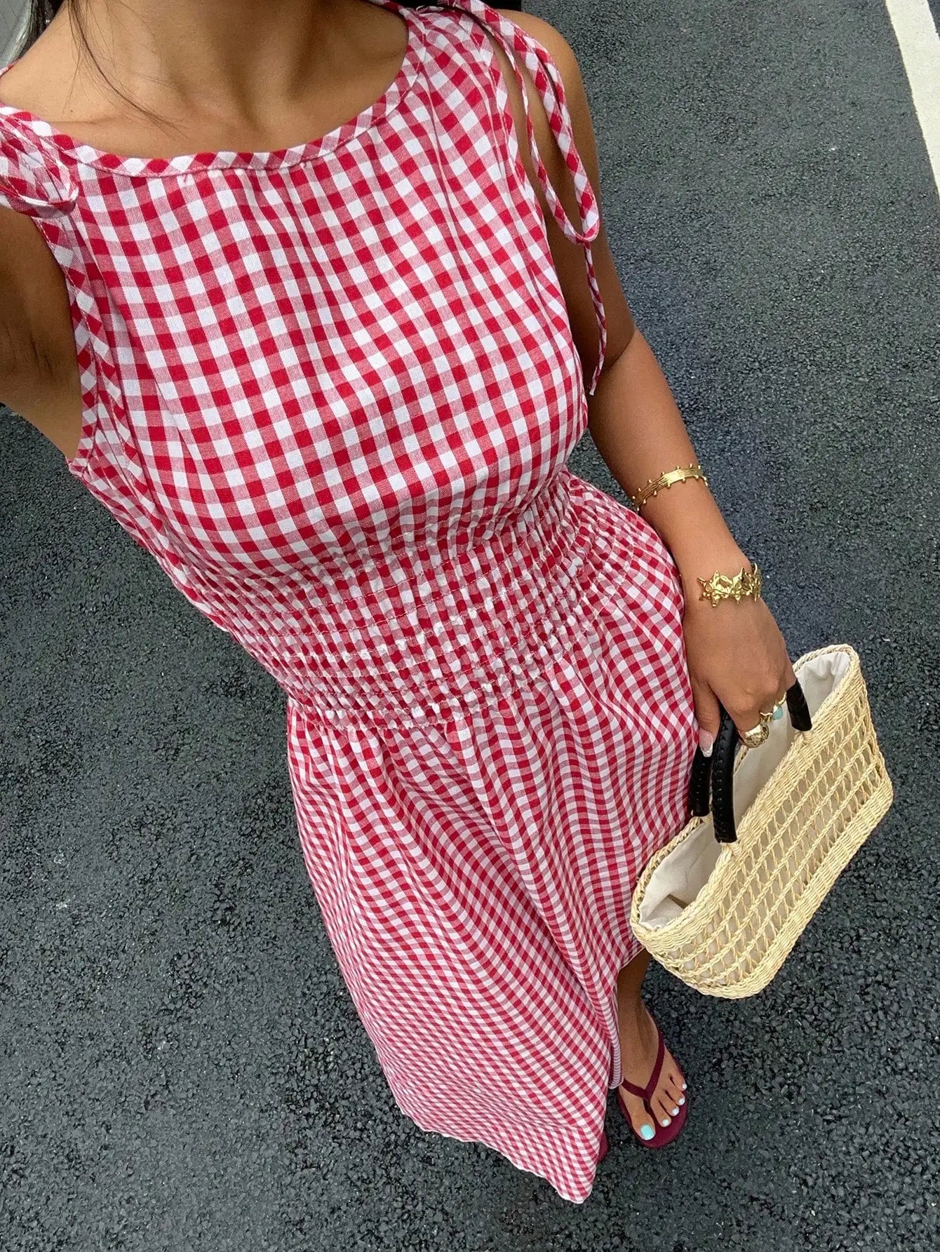 Blue Striped Midi Dress With Smocked Waist, Tie-Shoulder Detail, And Flowy Fit For Casual, Beach, Or Party Occasions