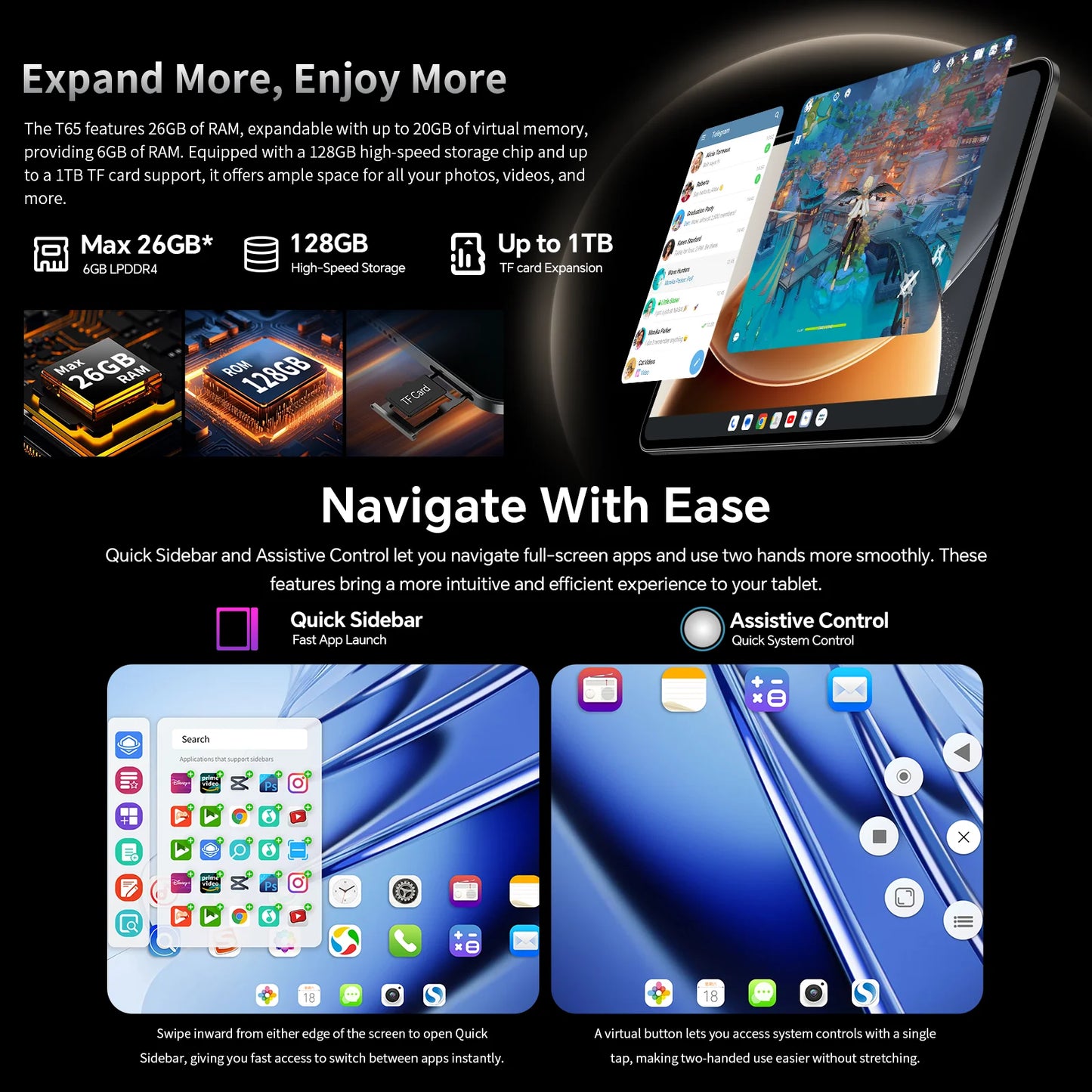 Teclast T65 Tablet 13.4" 2K 120Hz Android 16 Tablets Unisoc T7280 Octa Core Max 26GB RAM 128GB ROM 8000mAh 4G LTE
