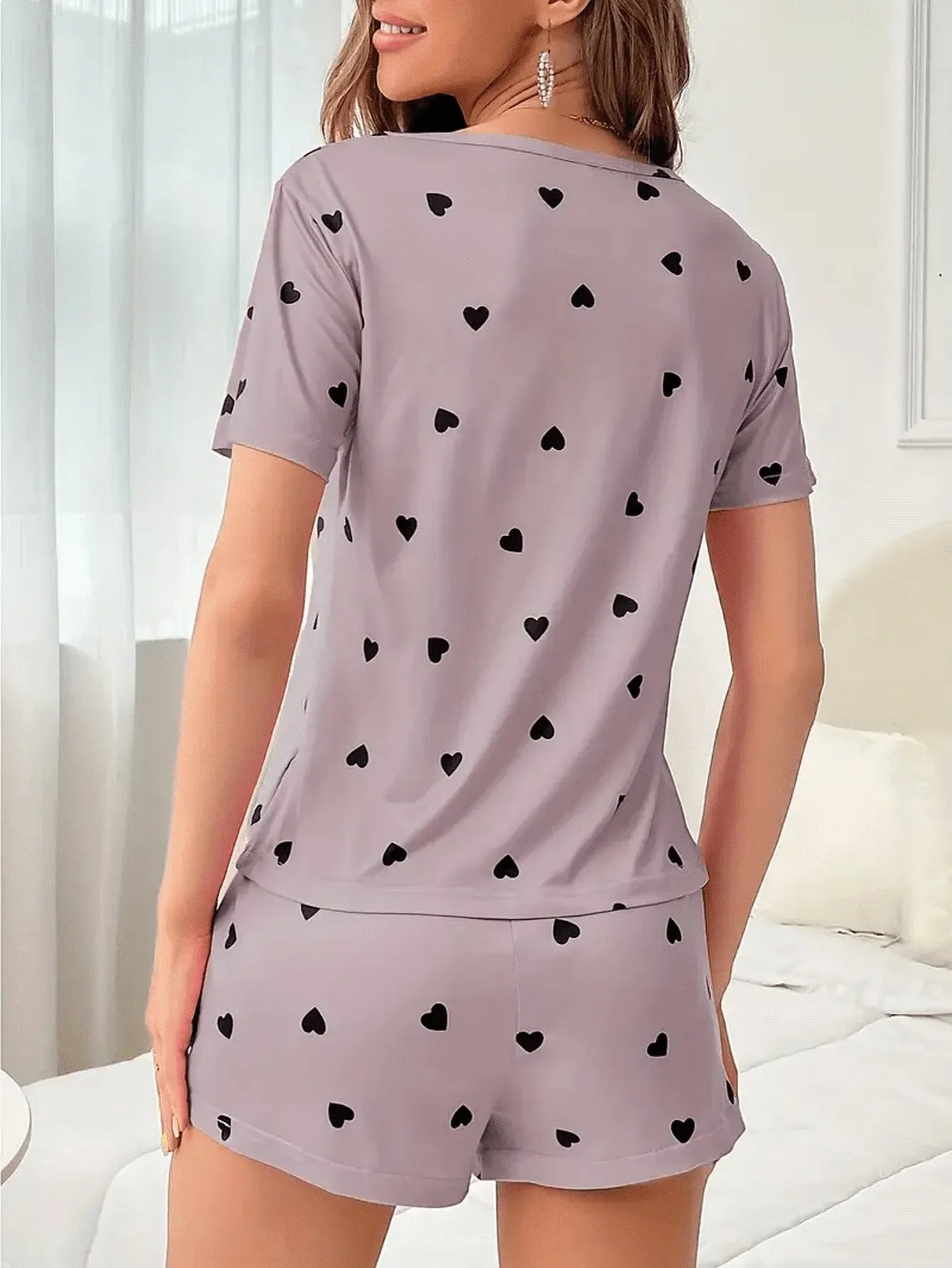 2-Piece Women Love Print Knit Short Sleeve Shorts Sleepwear Set Soft Pajama Lounge Home