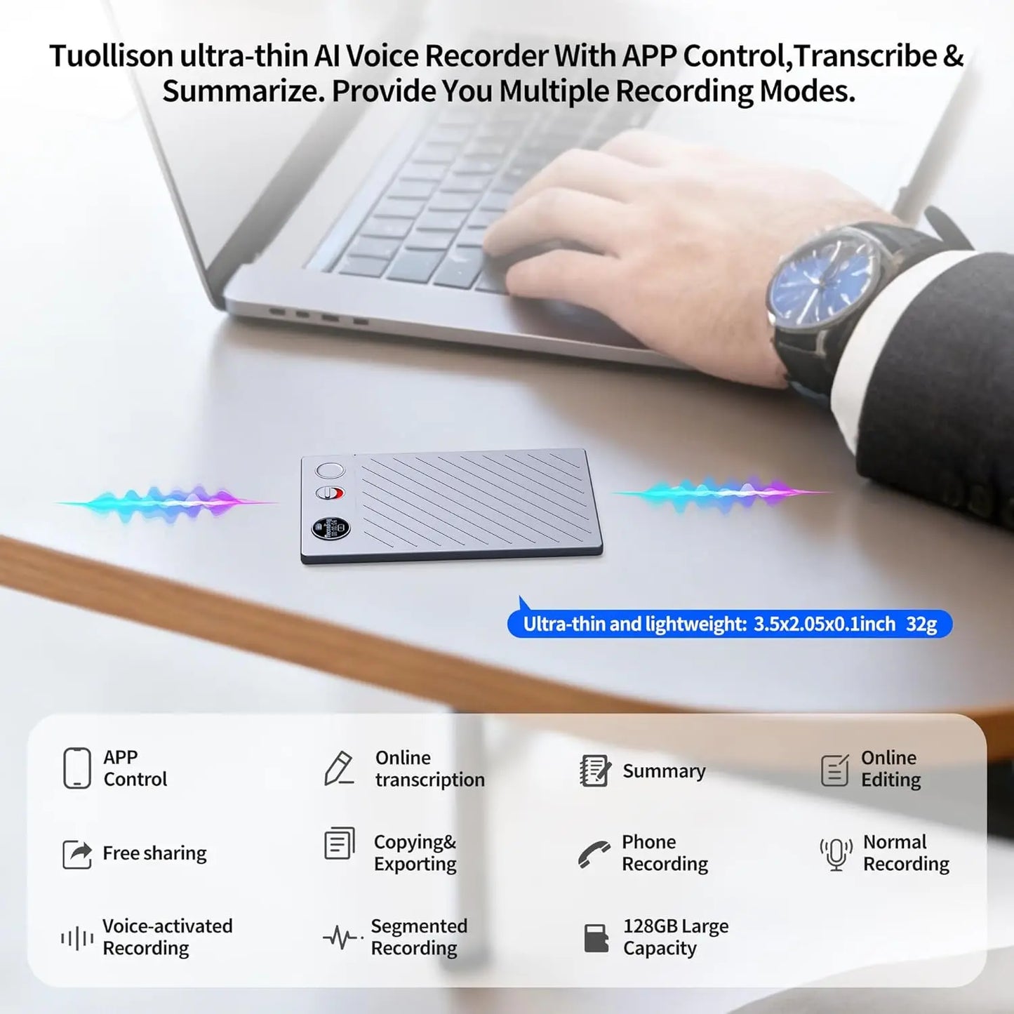 AI Voice Recorder with APP Control, Unlimited Transcribe & Summarize, AI Note Taking, DSP Noise Cancellation, for Interviews, Lectures, Meetings, Calls, Grey