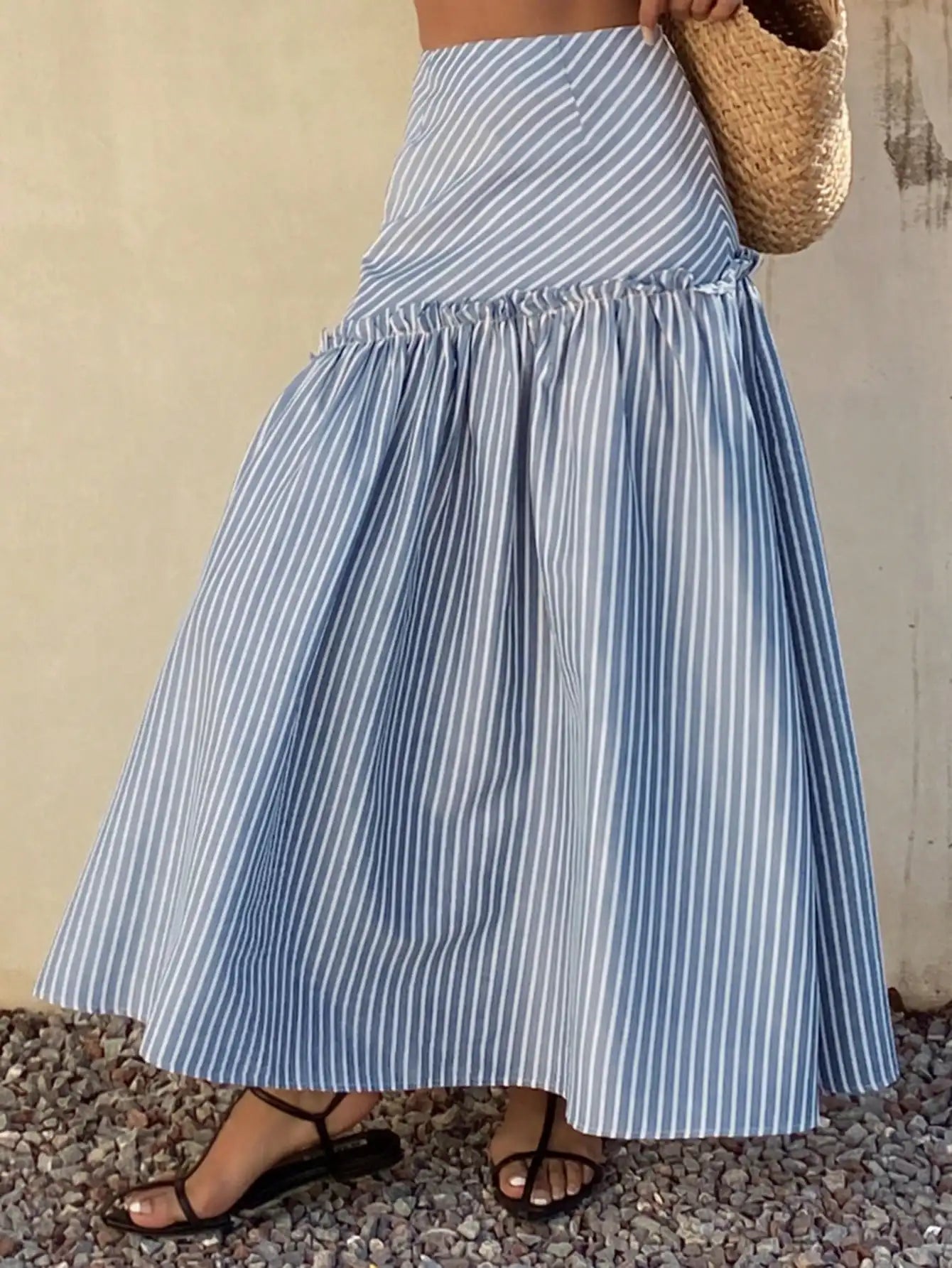 Livesso Loose Casual Vacation Style Beach Fashion Design Frill Asymmetric Striped Print High Waist Women Skirt, Spring/Summer