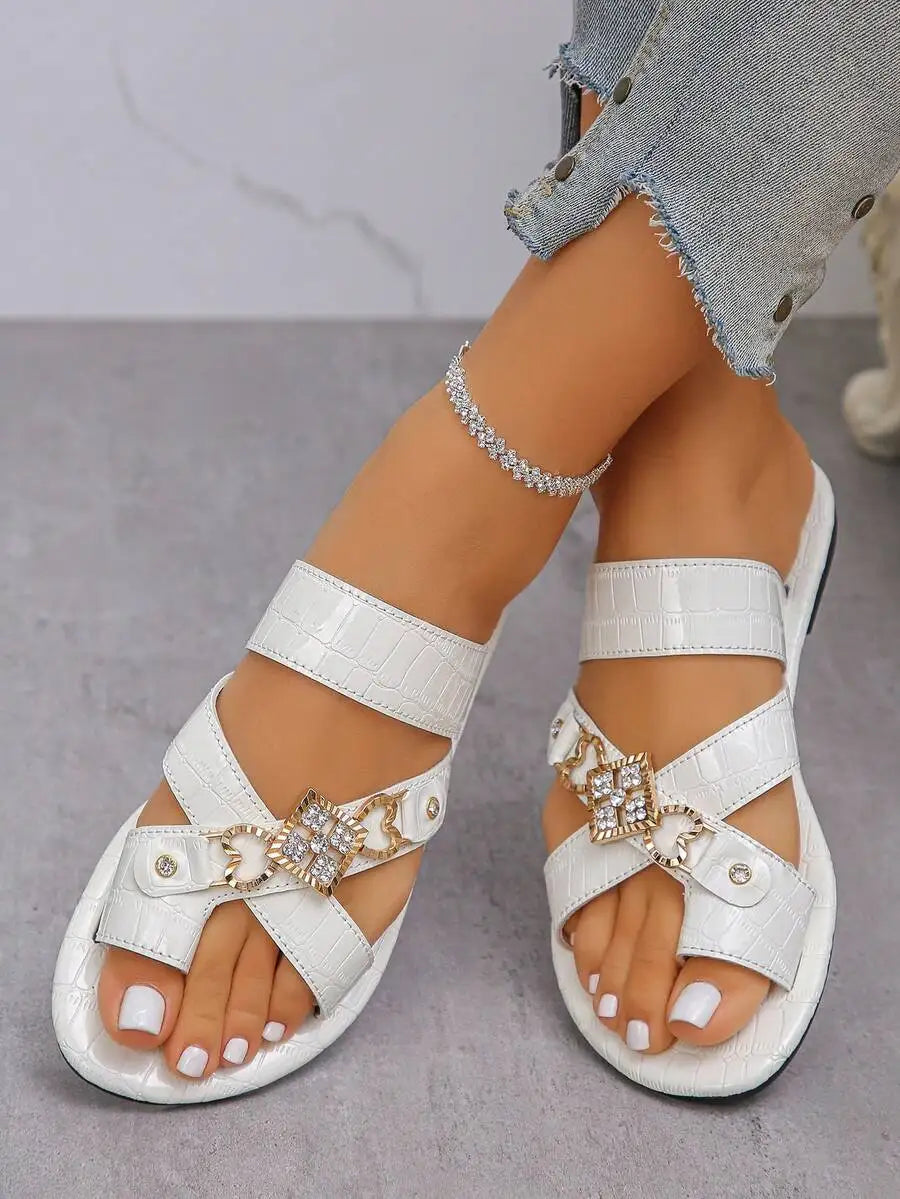 Womens White Flat Sandals With Crystal Buckle Strap Casual Beach  Shoes