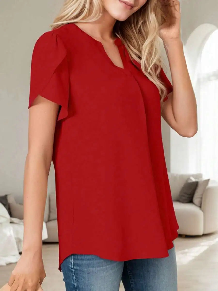 Women V Neck Short Sleeve Chiffon Blouse Casual Flowing Tunic Top