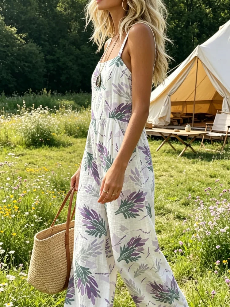 Women Lavender Floral Print Spaghetti Strap Jumpsuit Square Neck Elastic High Waist Wide Leg Pants With Pockets Boho Summer Vacation Romper