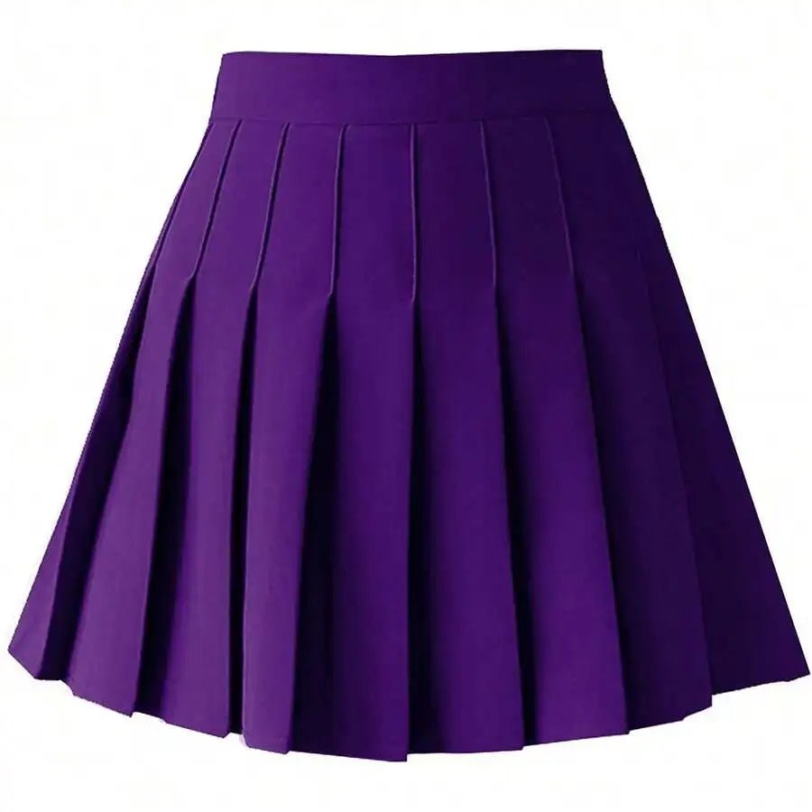 Womens High Waist A-Line Pleated Mini Skirt Solid Color Polyester