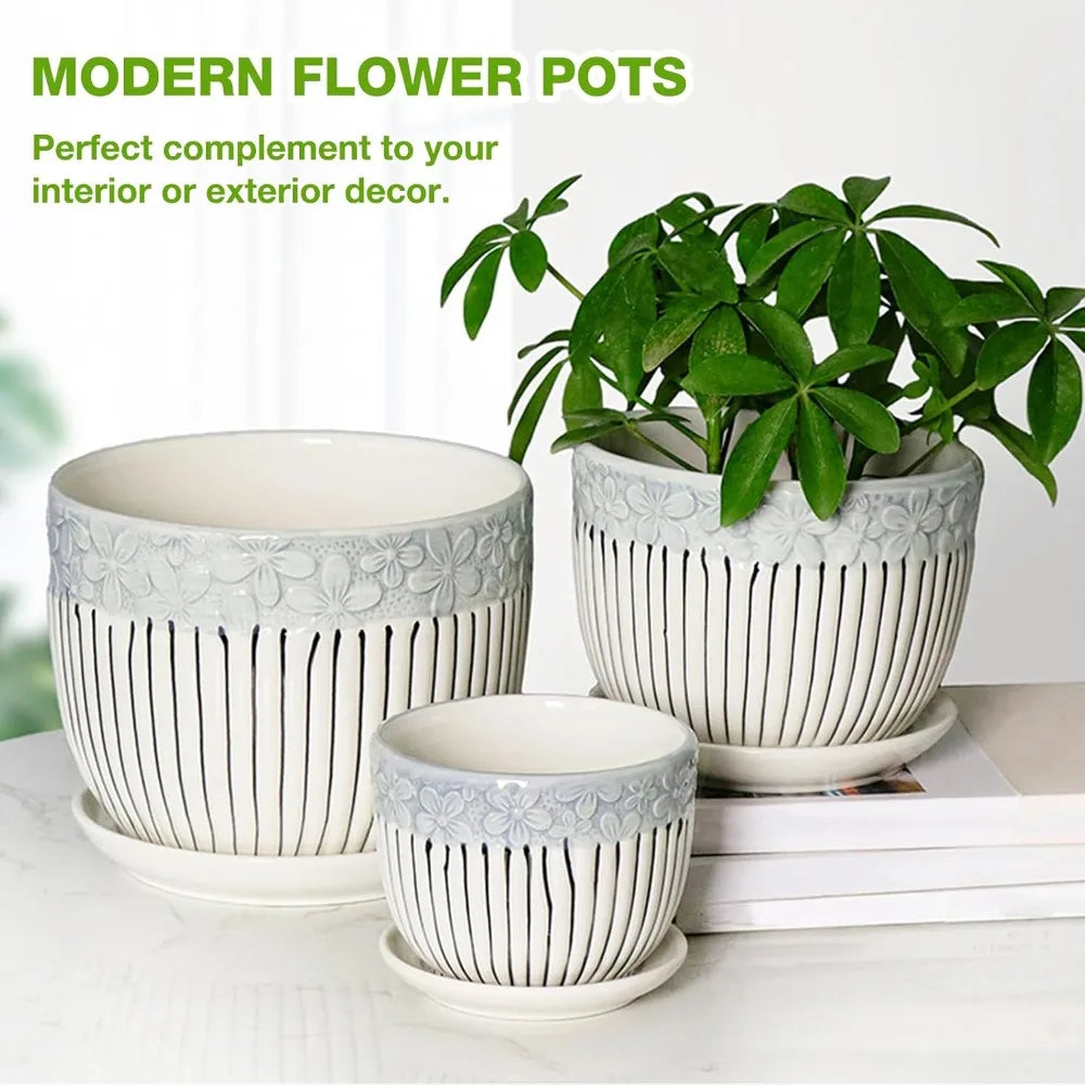Ceramic Plant Pots Set of 3, 6.75/5.6/4.2 inch Planters with Drainage Holes and Saucers for Indoor Outdoor Garden Decor