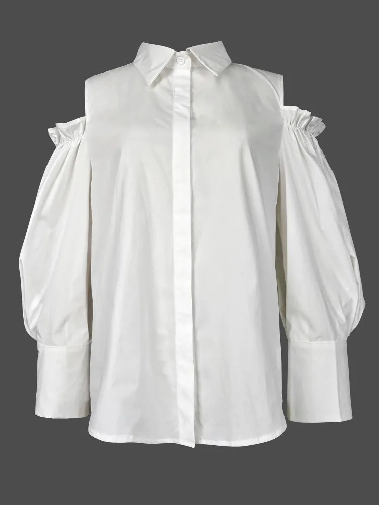 2026 Women Solid White Cold Shoulder Blouse Lapel Collar Puff Pleated Long Sleeve Button Front Loose Fit Elegant Office Daily Streetwear Party Date Vacation Women's Shirts Tops