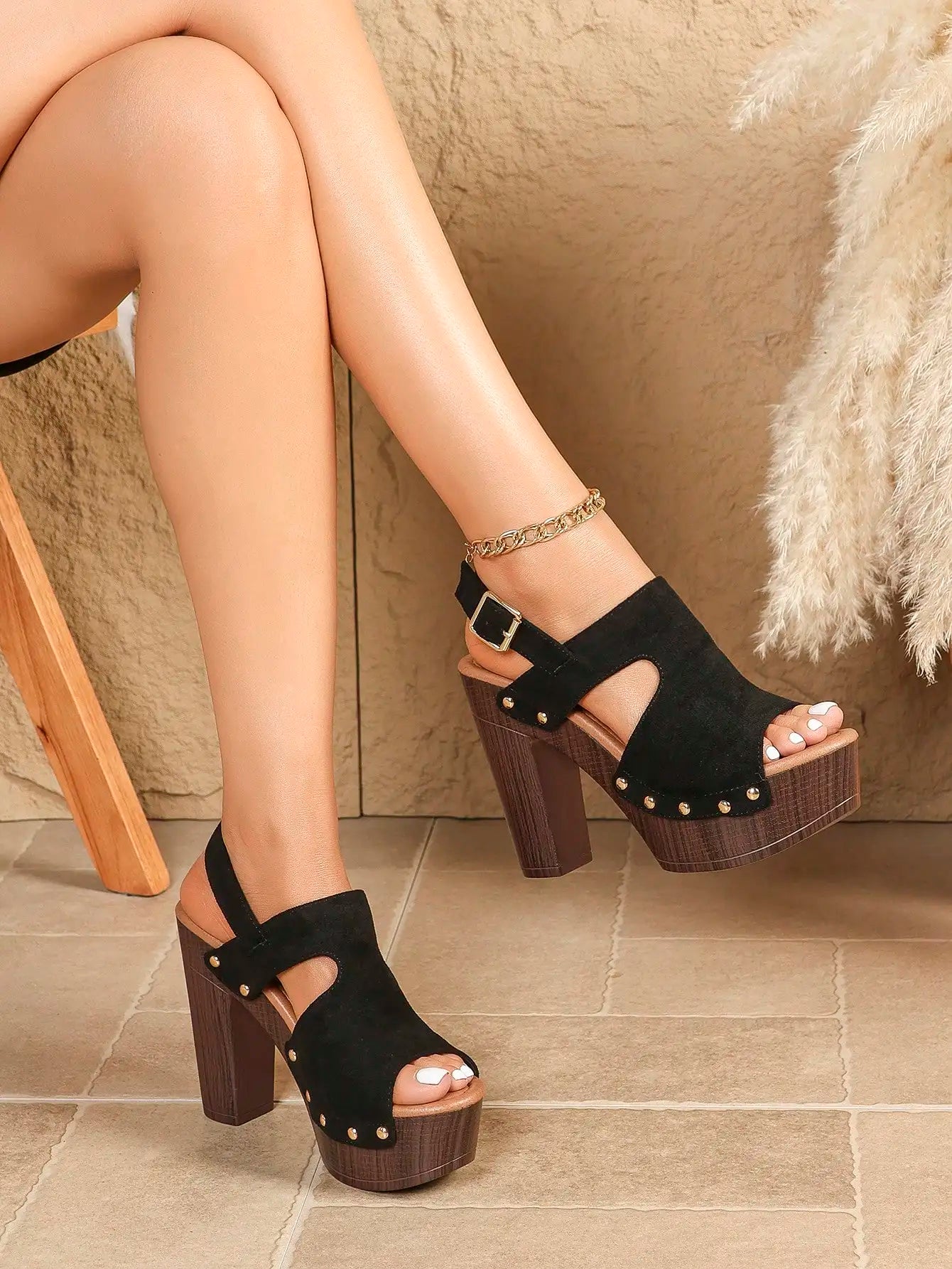 Women's Slingback Peep Toe Mule Heels Suede Summer Shoes Platform Chunky Heels Platform Sandals