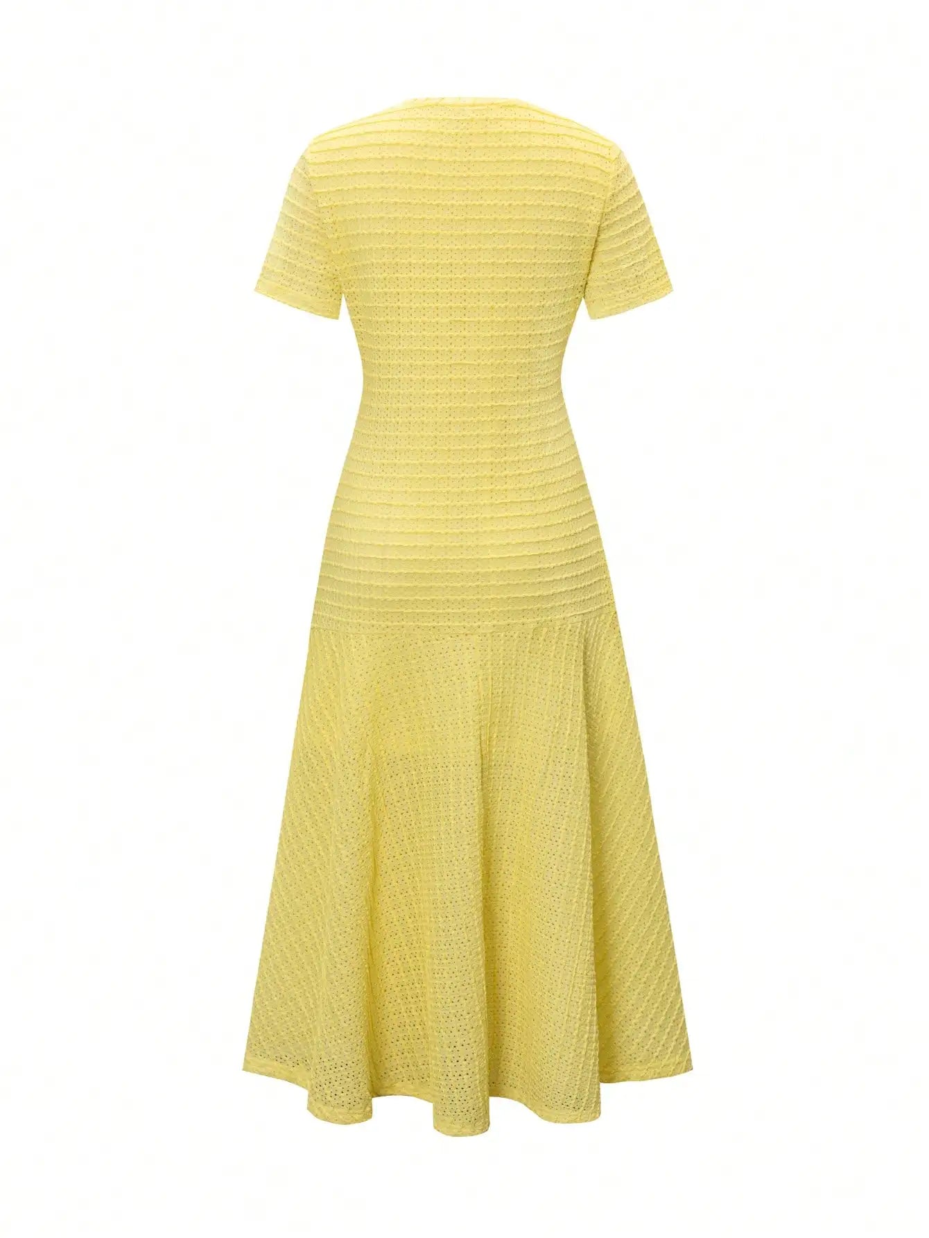 Yellow Textured Knit Midi Dress with Front Buttons and Faux Pockets