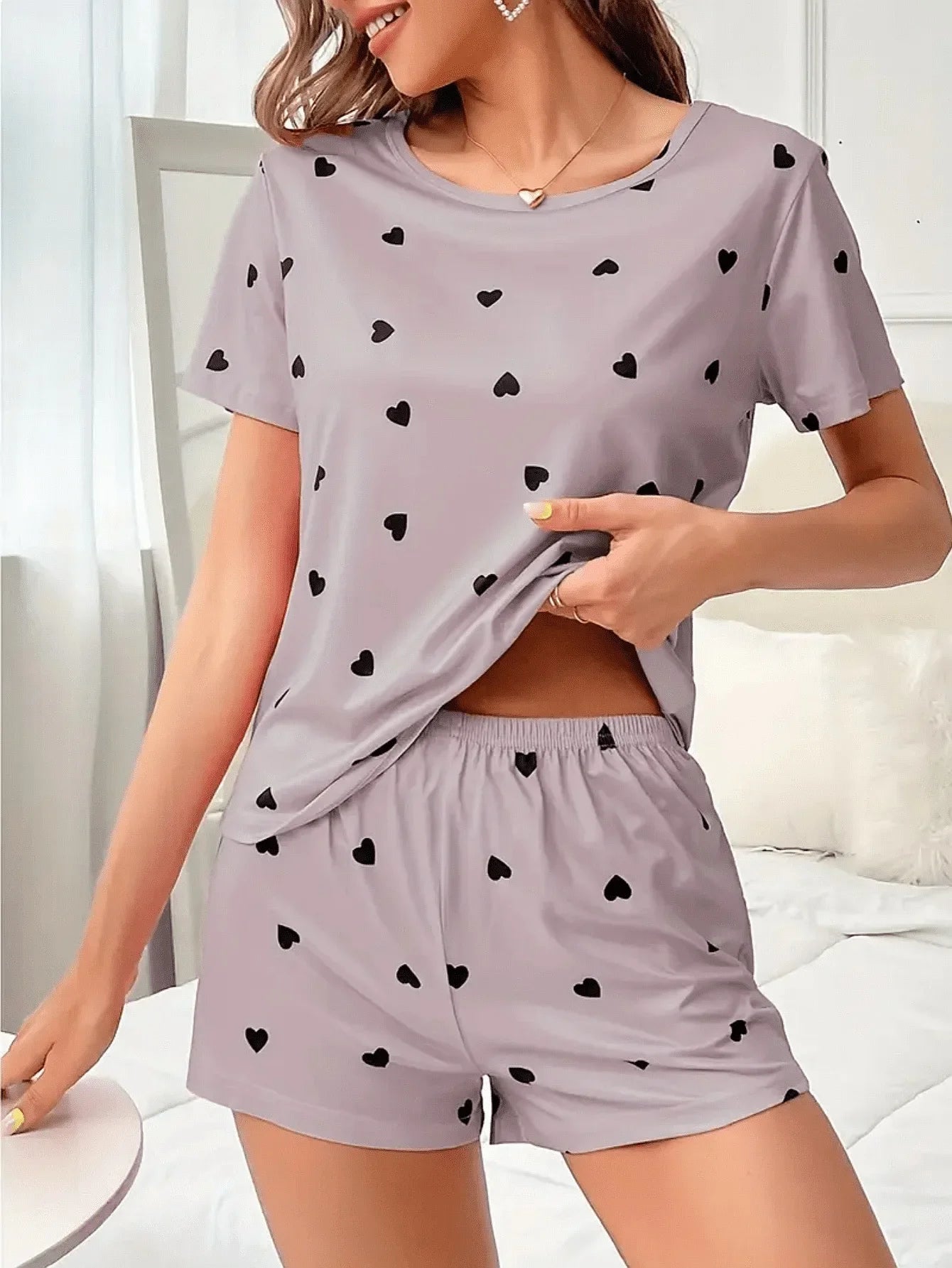 2-Piece Women Love Print Knit Short Sleeve Shorts Sleepwear Set Soft Pajama Lounge Home