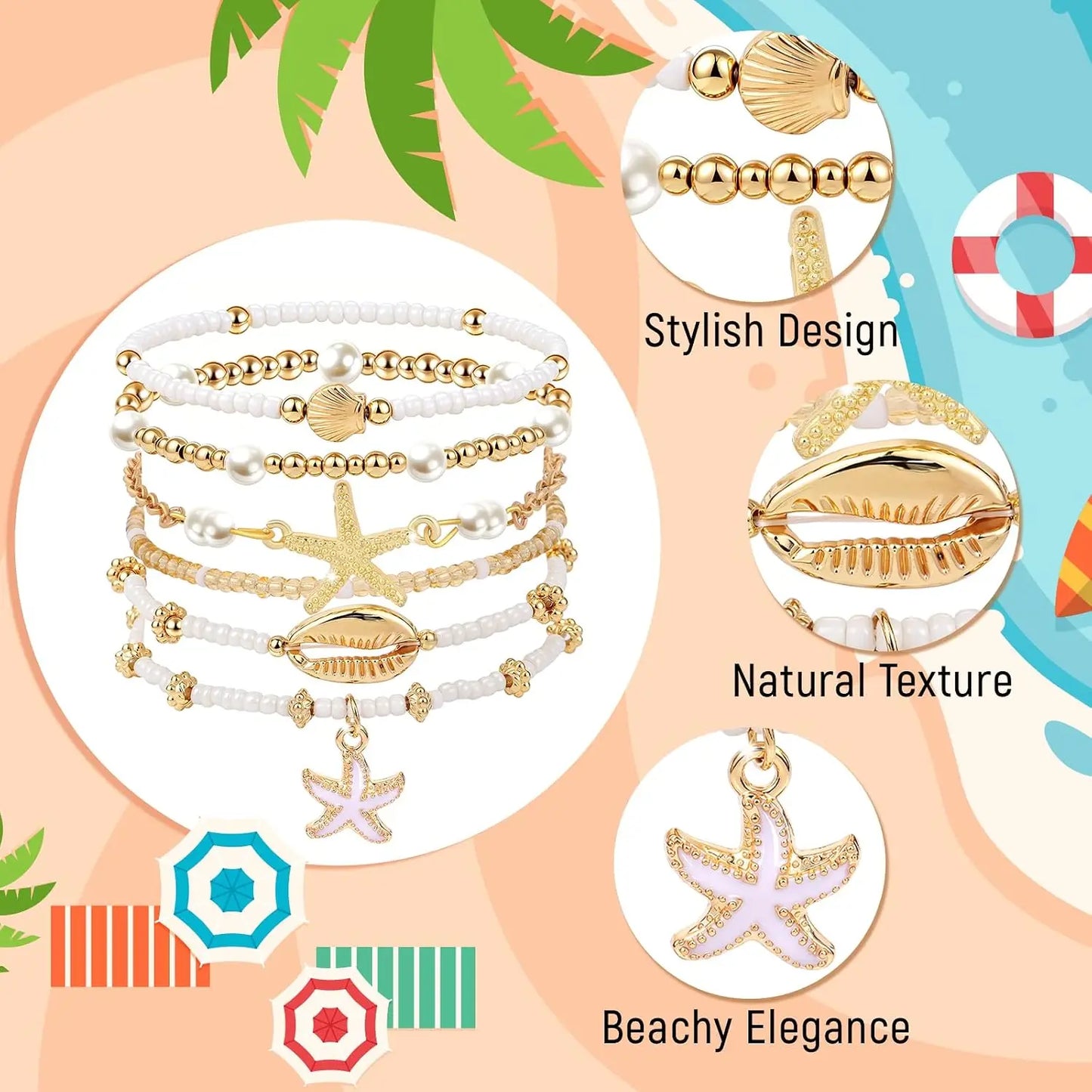 cow print Summer Beach Bracelets for Women Men, Stackable Seashell Starfish Beaded Bracelets, Seaside Holiday Vacation Party Birthday Gifts for Women Surfers Friends Her Him Family