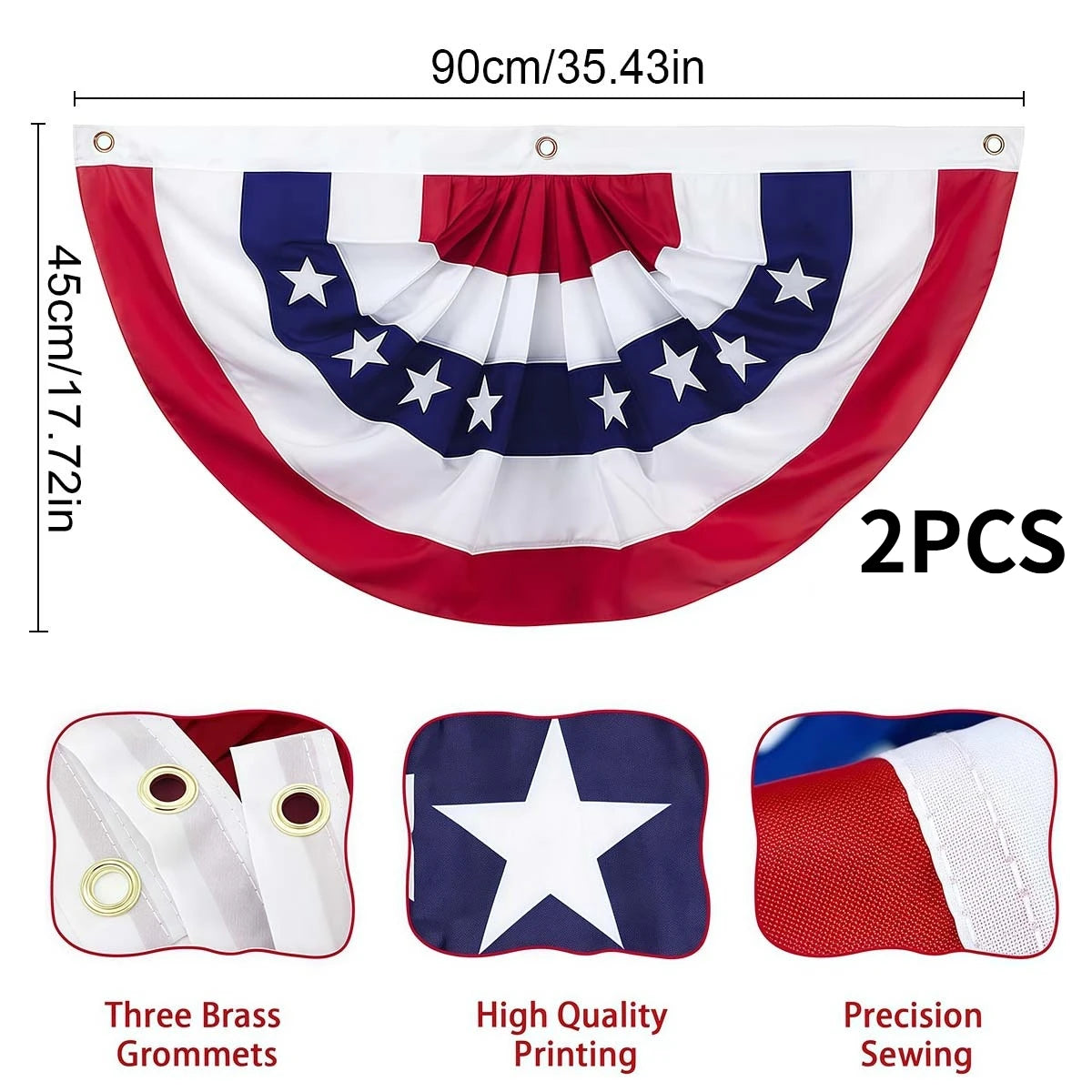 2pcs USA Pleated Half Fan Bunting Flags, 35x17.7" Heavy Duty American Flag for July 4th, Outdoor Porch Railing & Memorial Day
