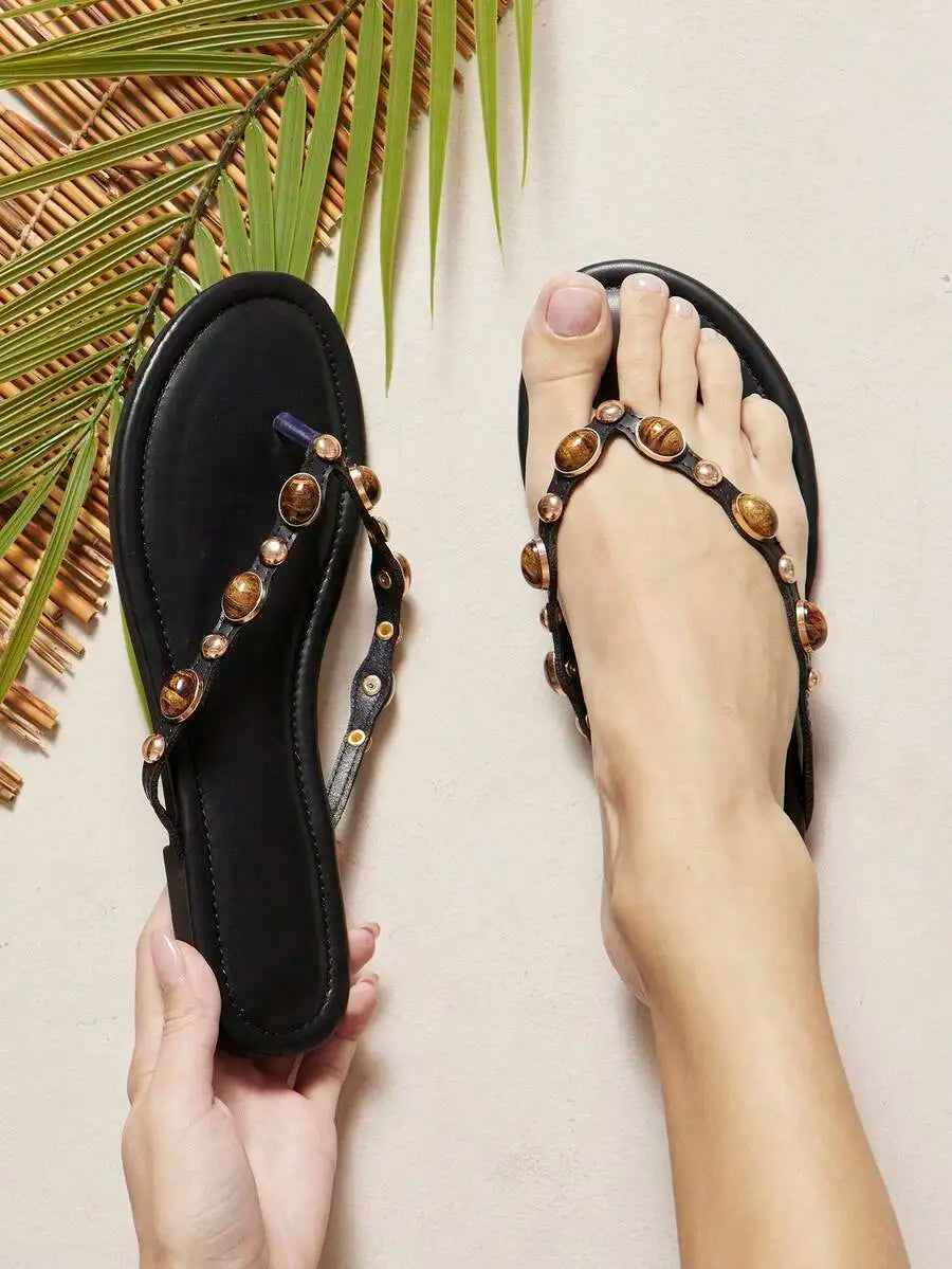 Women's Gemstone Decor Thong Flat Sandals, Punk Chic Edgy Design, Fashion Comfy Summer Casual Shoes