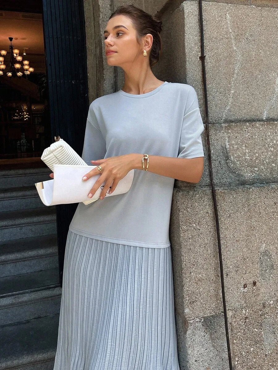 Women Pleated Maxi Dress Short Sleeve Loose Casual Summer Modest Dress