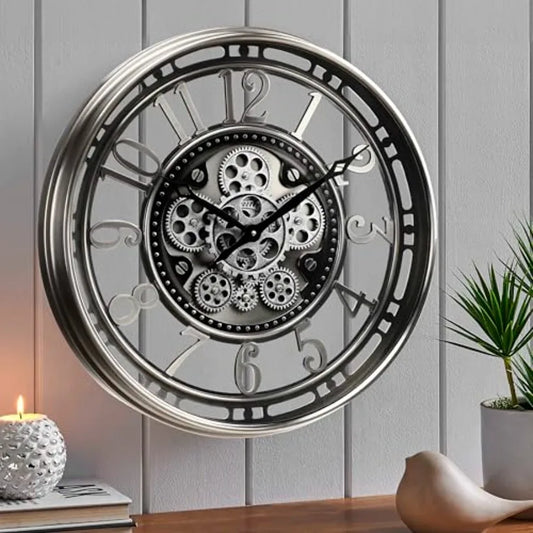 21 Inch Large Moving Gear Wall Clock for Living Room, Industrial Steampunk Decor, Gunmetal Silver Finish, Metal Construction