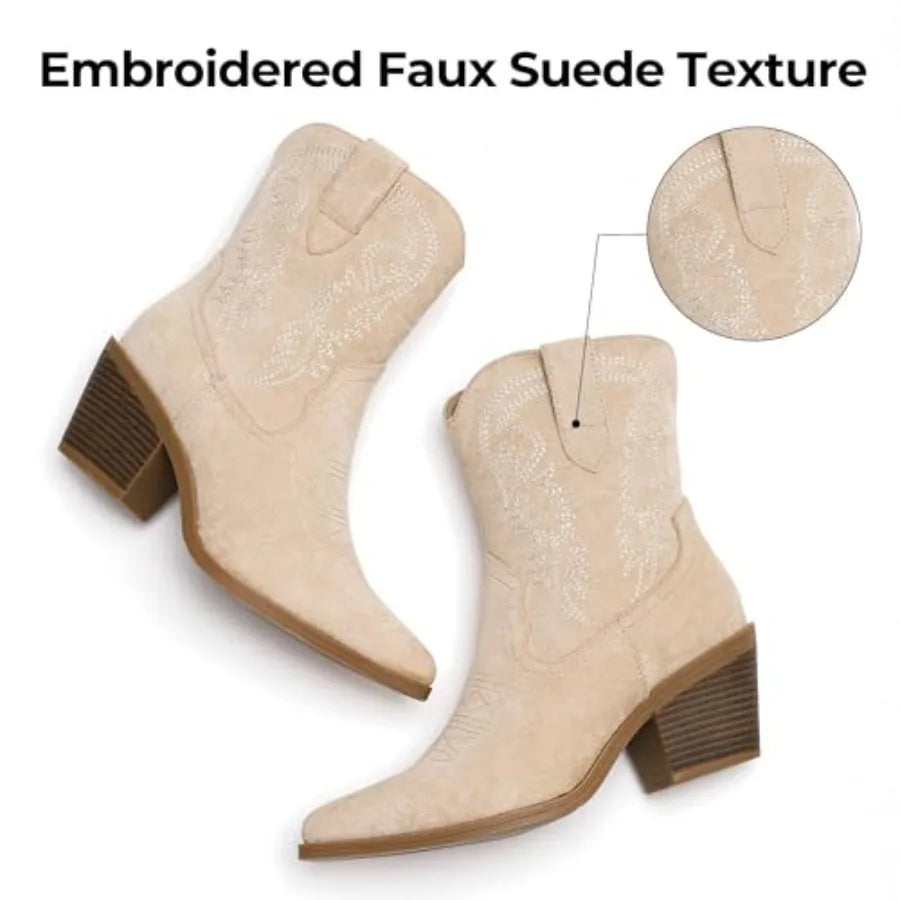 Cowboy Ankle Boots for Women, Western Booties with Pointed Toe and Embroidery, Stylish Short Booties for Casual and Party
