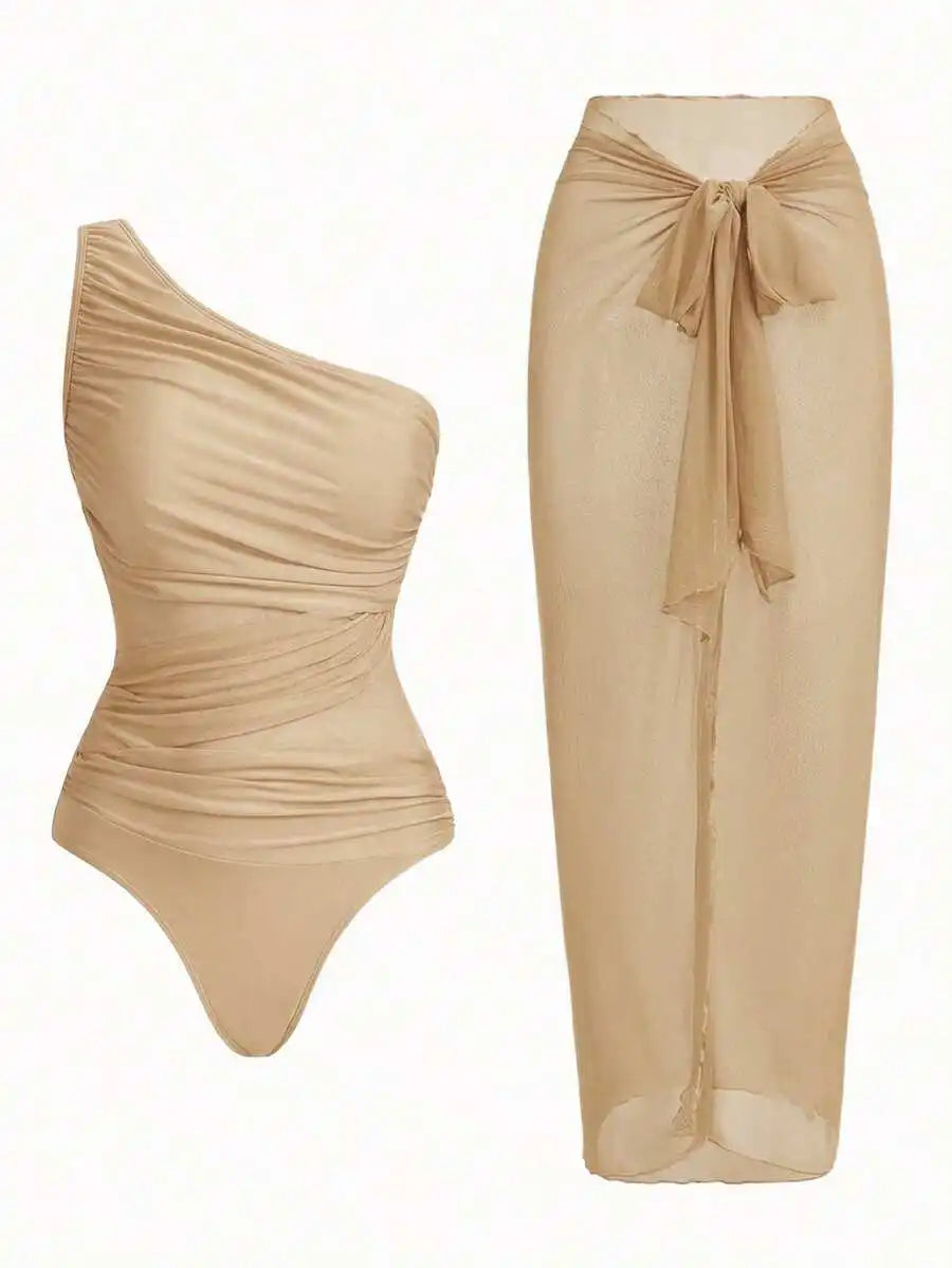 One Piece Ruched Swimsuit With Sarong Cover Up For Women Summer Beach