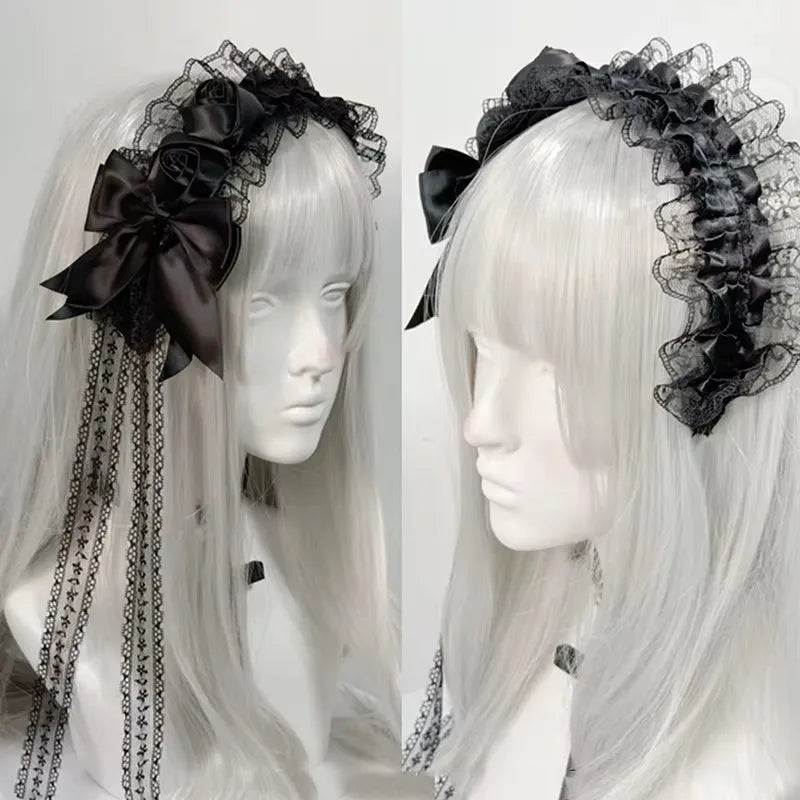 Lolita Gothic Black Lace Headband with Rose Bow Hairpins Victorian Satin Flower Hair Accessory for Women Cosplay Halloween Gifts