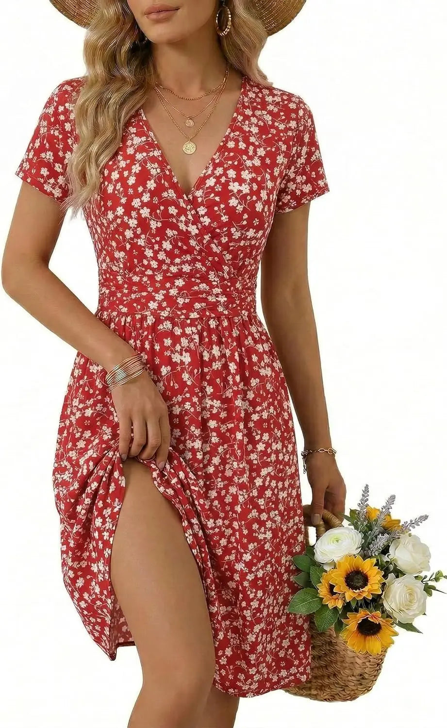 Women's Summer Wrap A-Line Midi Dress with Pocket and V-Neck