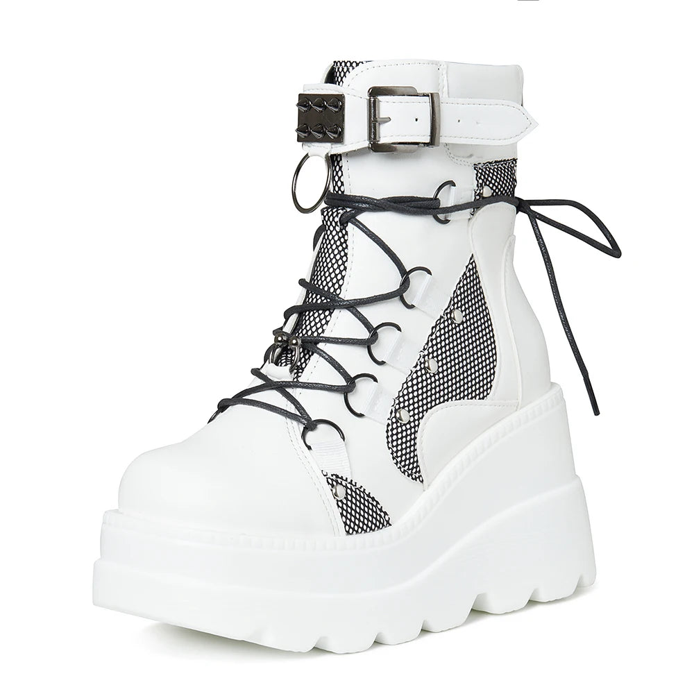Women's Gothic Platform Wedge Ankle Boots, Punk Lace Up Buckle Strap Combat Booties, Non Slip Lug Sole Mid Calf Motorcycle Boots for Cosplay Daily Wear