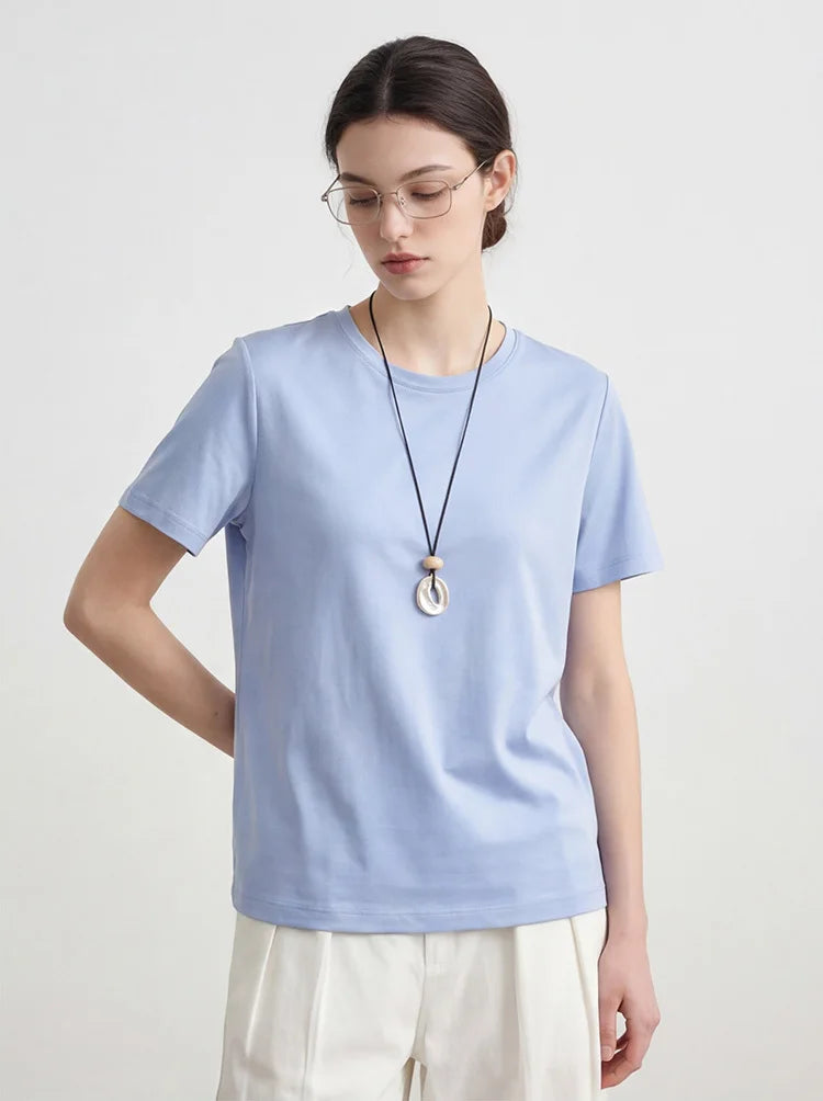 Summer 6% Mulberry Silk Cotton T-shirts Women Loose Round Neck Short Sleeve Luxury Tee Solid Color Basic Tops