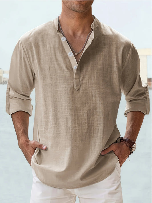 Men's Linen Stand Collar Long Sleeve T-Shirt Loose Fit; Solid Color Long Sleeve Cotton Linen Shirt