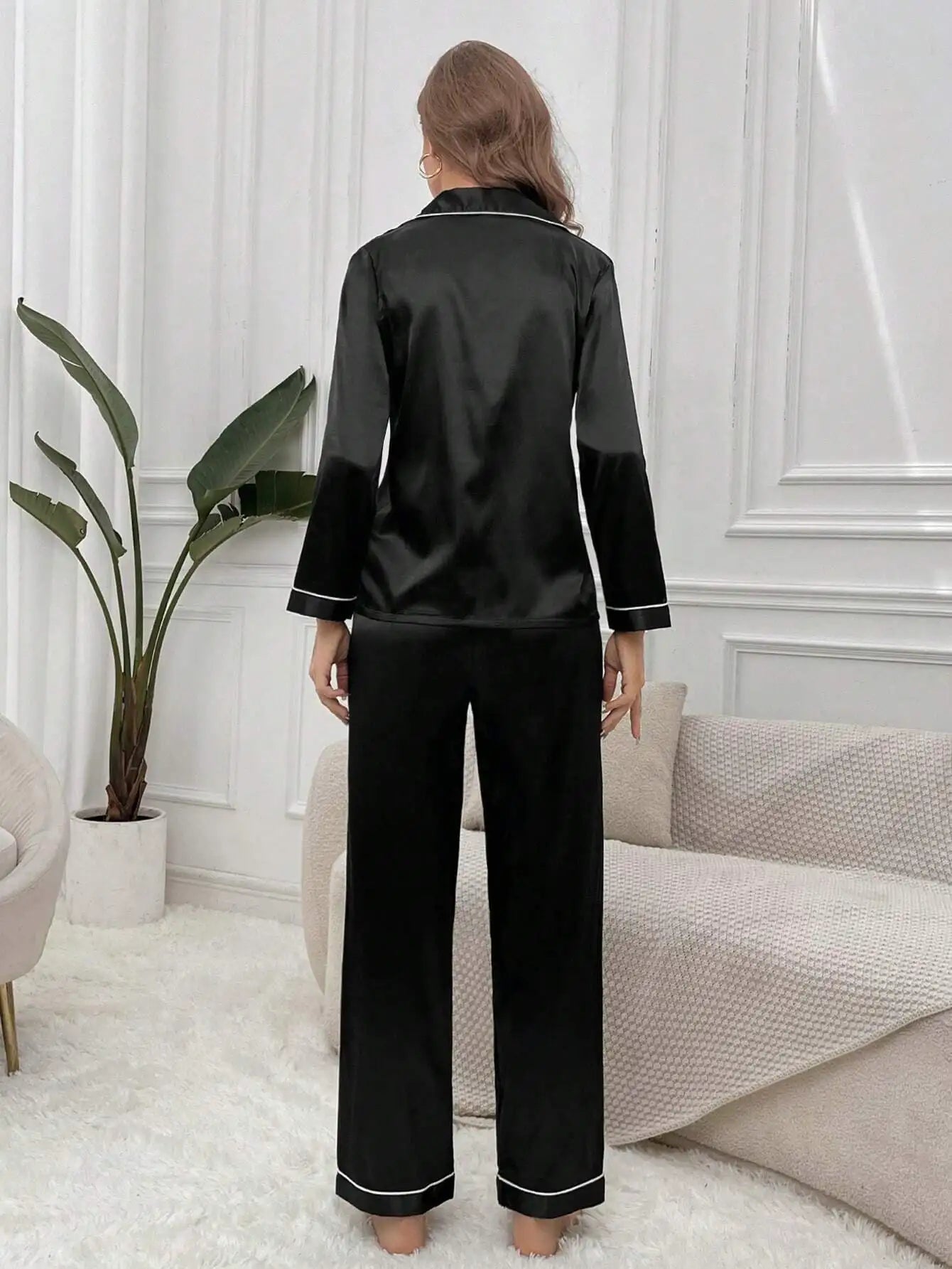 Women's Satin Pajama Set with Contrast Trim Long Sleeve Top and Wide Leg Pants for Cozy Lounge Wear