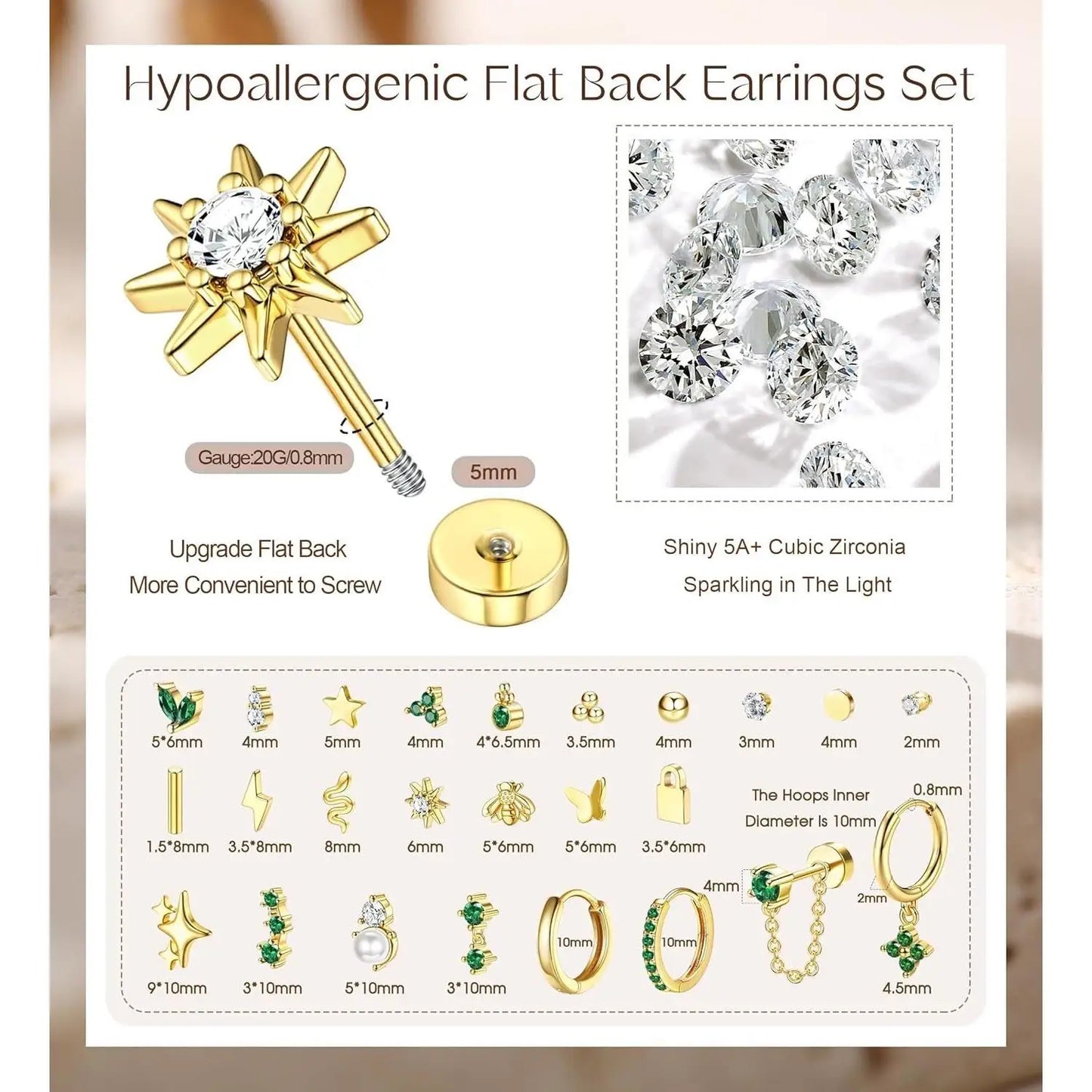 25 Pcs Surgical Steel Earrings for Sensitive Ears for Women Flat Back Studs Hoop Cartilage Earring for Multiple Piercing