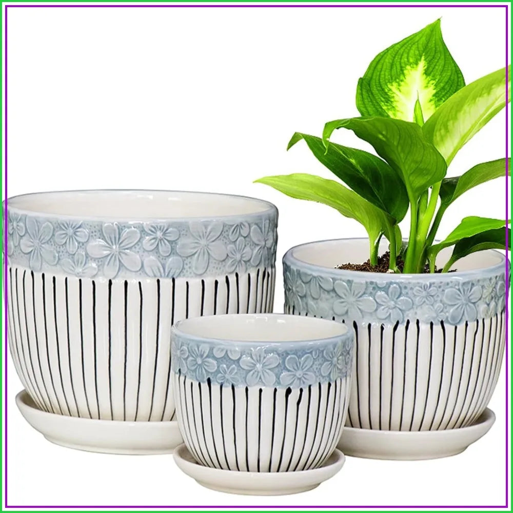 Ceramic Plant Pots Set of 3, 6.75/5.6/4.2 inch Planters with Drainage Holes and Saucers for Indoor Outdoor Garden Decor