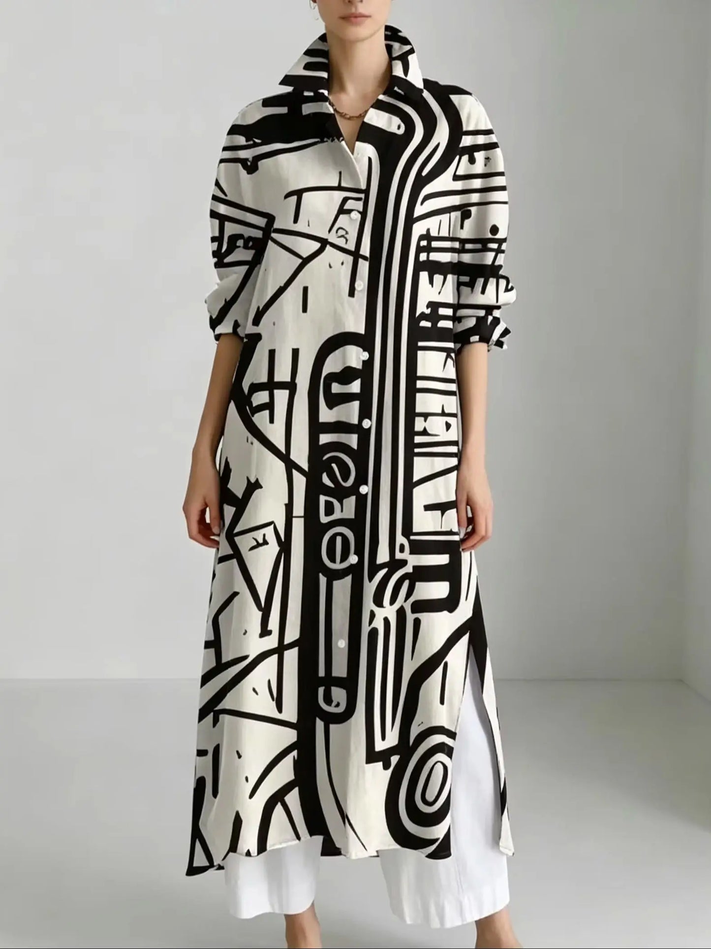 Plus size black and white graffiti print long shirt sun protection cardigan; lapel button-up side slit loose three-quarter sleeve sun protection cardigan long
