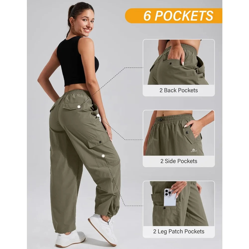 Pioneer Camp Womens Parachute Cargo Pants with Pockets Baggy High Waisted Quick Dry Hiking Pants Lightweight Wide Leg