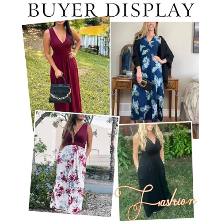 AUSELILY Women's Sleeveless Formal Dress Deep V Neck Loose Plain Cocktail Long Maxi Dresses with Pockets 2026 New