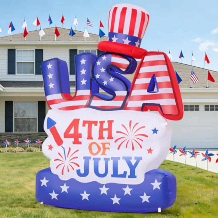 6.2FT 4th of July Inflatable Patriotic Decoration, USA Letter Hat Blow Up Yard Decor with Built-in LED Lights for Independence