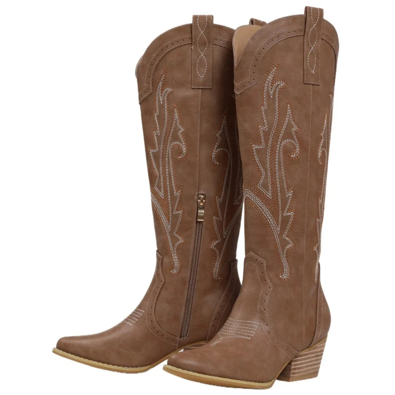 Women's Western Cowboy Boots - Knee High Embroidered Pointed Toe Cowgirl Boots with Side Zipper & Chunky Block Heel